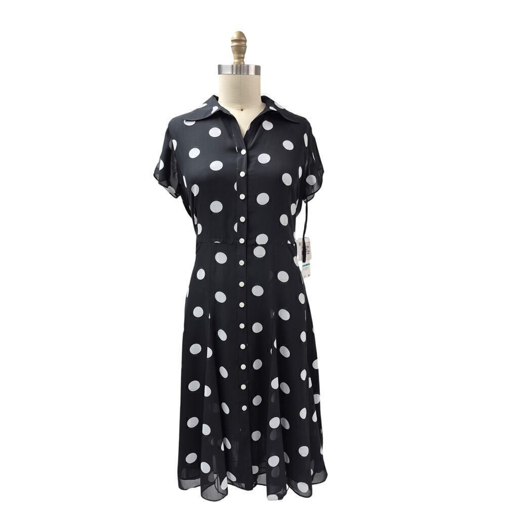 NWT Evan-Picone 100% Polyester Easy Does It Black/Ivory Polka Dot Dress Sz 16